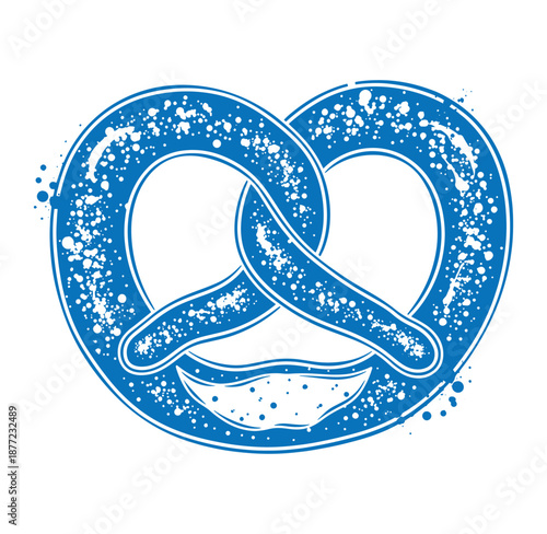 blue pretzel with white splatters on white background