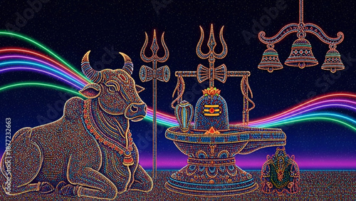 Maha Shivratri nandi and shiva lingam with glowing trishul damaru bells and festive lights showing hindu worship devotion spirituality prayer culture faith celebration night art