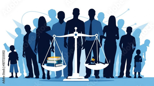 Scales of justice balanced with books and gavel representing law and education surrounded by a diverse crowd of people concept for legal rights and equality