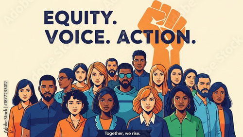 Diverse group of people standing together with Equity Voice Action text and raised fist symbol representing unity and social justice for campaigns and presentations