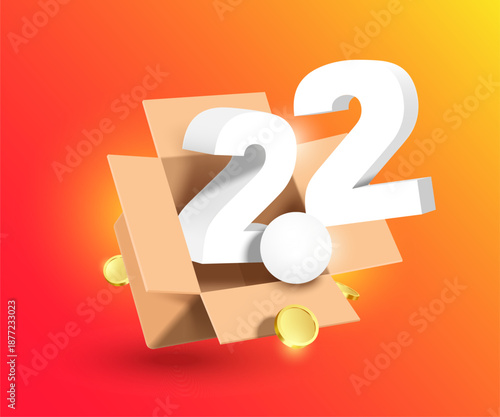 white 3D number 2.2 and a gold or dollar coin float in air and land on parcel or cardboard box, perfect for mega sale advertising promotion design, vector 3d for delivery, online shopping concept
