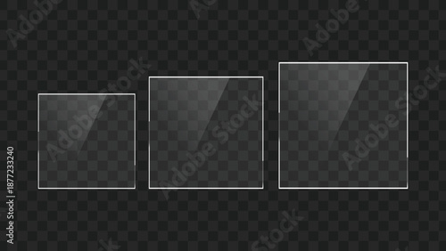 Three realistic transparent glass square panels with reflections on a dark checkered background, varying in size.