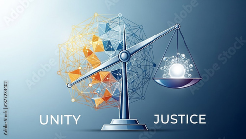 Scales of justice balancing unity and abstract network representing legal balance and interconnectedness conceptual illustration for law and technology