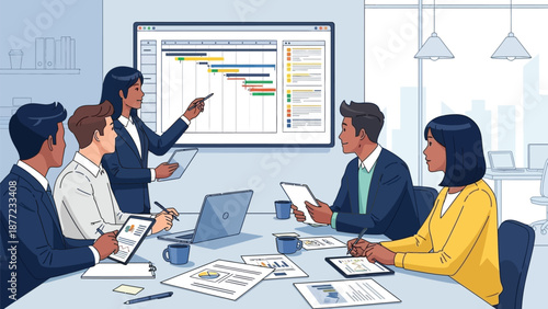 Project manager points to a large Gantt chart displayed on a screen while five colleagues review documents during a detailed.