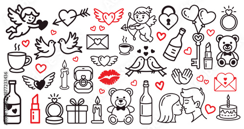 Hand Drawn Valentine Love Icons Set with Cupid Hearts Romance Symbols in Clean Black Line Style for Marketing Campaigns Packaging Social Media and Seasonal Commercial Use