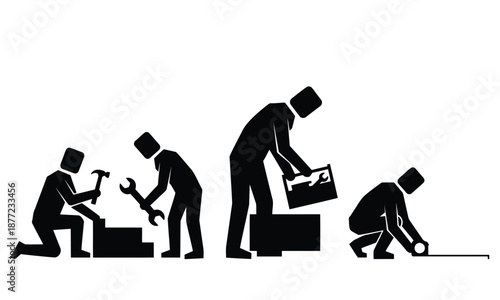 Abstract construction team silhouette set – square head workers with hammer, wrench, toolbox and tape