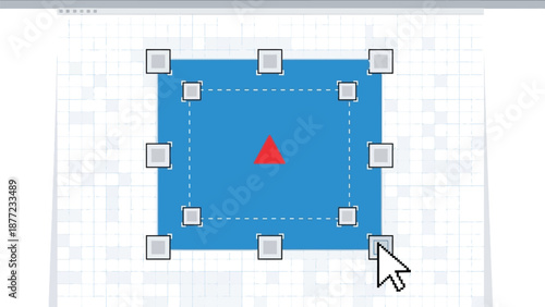 A computer interface displays a selected blue rectangular shape with transformation handles over a grid background.