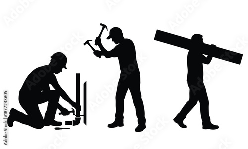 Furniture assembly and maintenance workers silhouette set – carpenters with hammer, wrench, gear and supervisor
