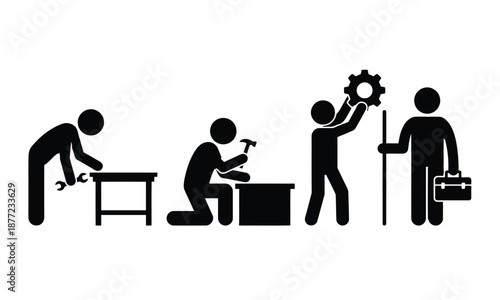 Carpentry and building labor silhouette set – workers hammering and carrying wooden beam