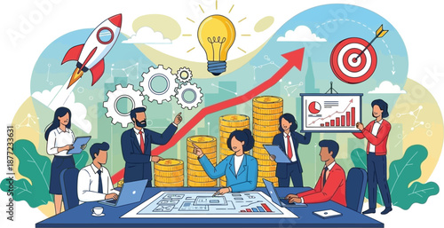Business team collaborates around a large table with charts, gears, a lightbulb, and a rising growth arrow.