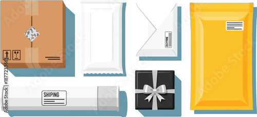 Assortment of various shipping and packaging materials, including cardboard boxes, padded envelopes, and a gift box.