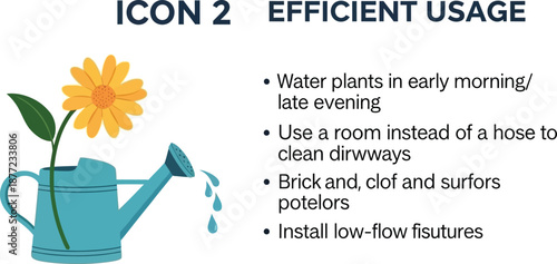 Bright yellow daisy flower stands upright inside a light blue watering can next to water conservation tips.