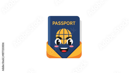 Happy Passport Character with Globe Emblem - Travel Concept
