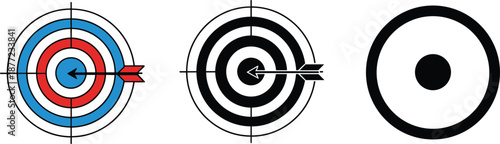 Set of target board icons with arrows hitting the bullseye in colorful and black and white minimalist styles.