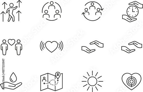 Set of thin line icons representing social care, teamwork, time management, health, navigation, and environmental protection symbols.