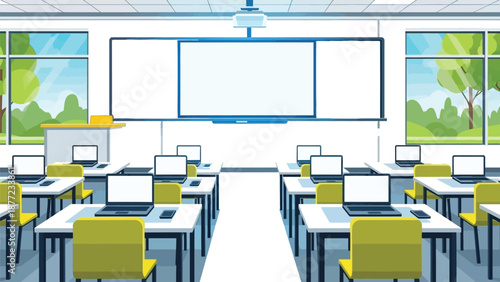 Modern empty computer classroom features rows of desks equipped with laptops facing a large interactive whiteboard screen.