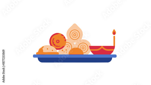 Indian Sweets and Diya Plate Flat Design