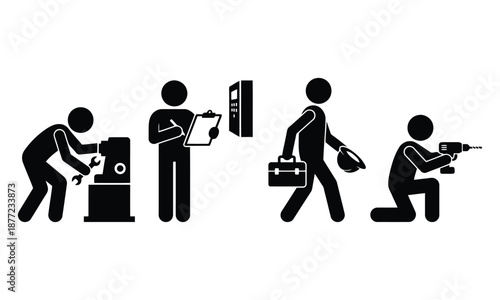 Industrial maintenance workers silhouette set – technicians operating machine, inspecting panel and drilling