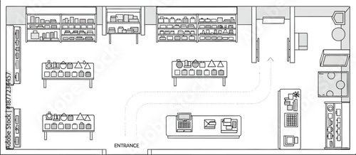 Overhead architectural floor plan illustrates the layout of a small retail store or boutique shop.