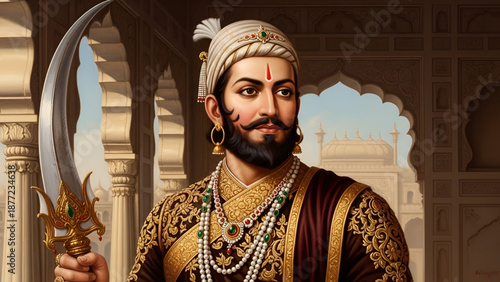 Shivaji maharaj jayanti portrait of maratha king dressed in royal attire holding sword standing in palace with traditional jewelry proud warrior history culture india heritage artwork