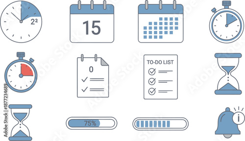 Various stylized icons depict time management concepts including calendars, stopwatches, hourglasses, and progress bars.