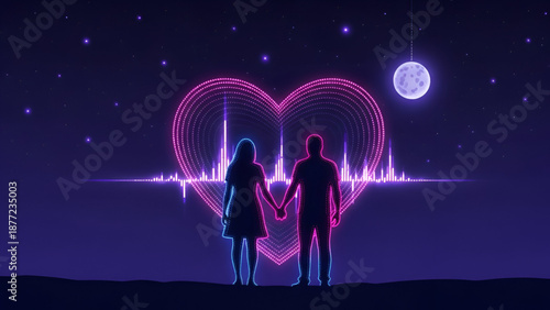 Valentine love couple standing hand in hand in front of glowing heart under night sky with moon and stars romantic relationship concept celebrating affection romance emotion connection art