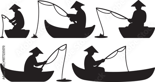Fisherman in Boat Silhouettes Set Black Vector Collection Traditional River Fishing Icons, black and white silhouette, vector and illustration	
