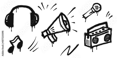 Collection of Spray Painted Graffiti music instruments icon. isolated on white background. vector illustration