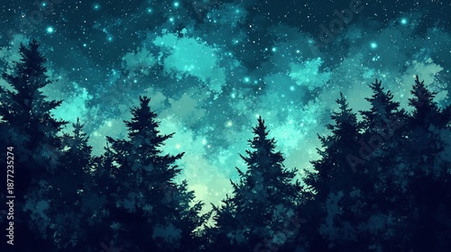 Night sky, forest, stars, teal, nebula, digital art, wallpaper, fantasy