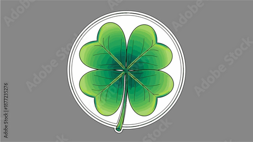 A vibrant green four-leaf clover with detailed veins, centered within a white circular border on a solid grey background, symbolizing good luck.