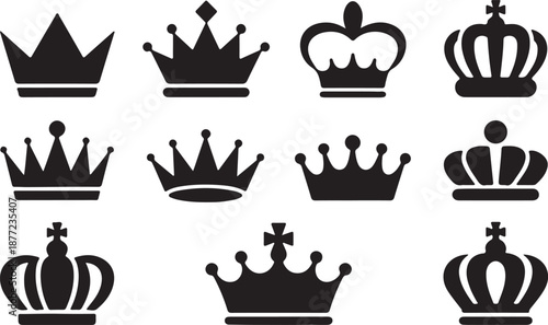Royal Crown Silhouettes Set Black Vector Icons Collection King Queen Crowns, black and white silhouette, vector and illustration	