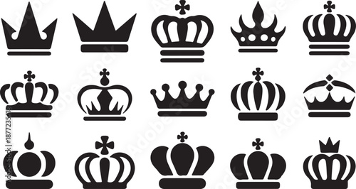 Royal Crown Silhouettes Set Black Vector Icons Collection King Queen Crowns, black and white silhouette, vector and illustration	