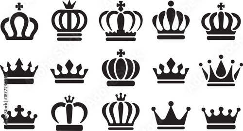 Royal Crown Silhouettes Set Black Vector Icons Collection King Queen Crowns, black and white silhouette, vector and illustration	