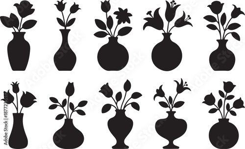 Flower Vase Silhouettes Set Black Vector Collection Decorative Botanical Home Decor Icons, black and white silhouette, vector and illustration	