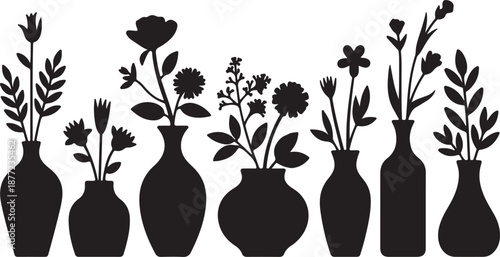 Flower Vase Silhouettes Set Black Vector Collection Decorative Botanical Home Decor Icons, black and white silhouette, vector and illustration	