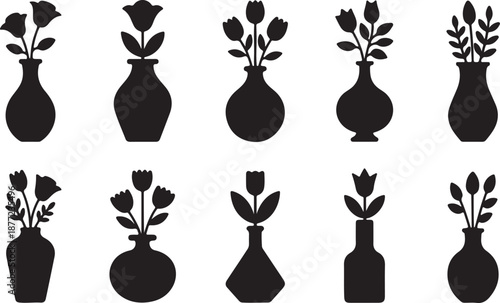 Flower Vase Silhouettes Set Black Vector Collection Decorative Botanical Home Decor Icons, black and white silhouette, vector and illustration	