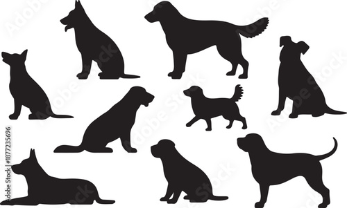 Dog Silhouettes Set Black Vector Collection Pet Animal Icons Pack Dog Breeds Poses, black and white silhouette, vector and illustration	