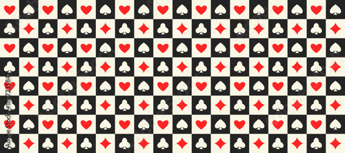 Seamless playing cards pattern. Repeating spades, hearts, diamonds, clubs symbols background. Poker or casino table theme wallpaper. Repeated Vegas gambling concept texture. Vector