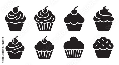 Cupcake Icons Set. Sweet Desserts Collection, Vector Graphics with Cherry Topping.