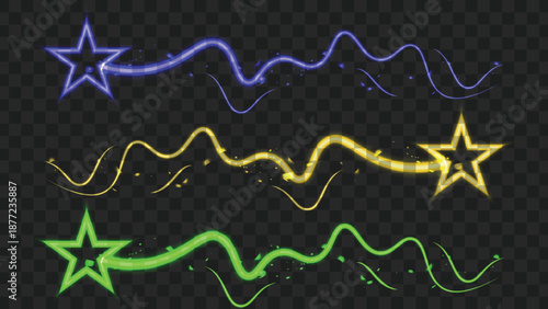 Three colorful glowing star trails with sparkling light effects on a transparent background, featuring blue, yellow, and green wavy lines.