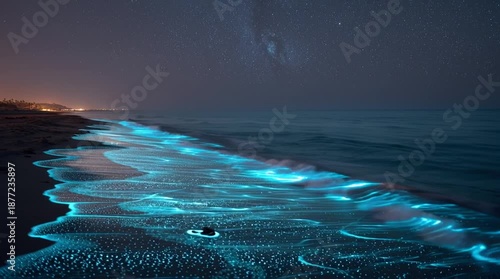 Glowing bioluminescent plankton illuminate beach at night creating magical ocean wonder with electric blue light