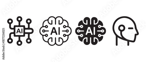 Artificial intelligence concept icons set with brain, chip, and human head symbols.
