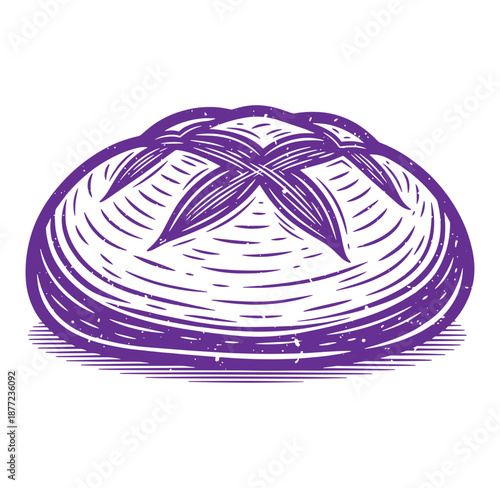 Purple illustration of a loaf of bread with leaves on top isolated on white background