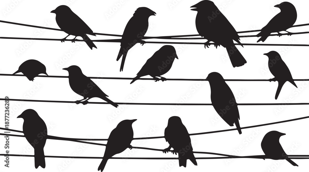 Fototapeta premium Bird Silhouettes on Wires Set Black Vector Collection, black and white silhouette, vector and illustration 