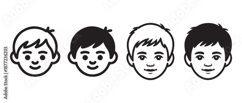 Boys Faces Collection. Different Hair Styles and Colors Icon Set.