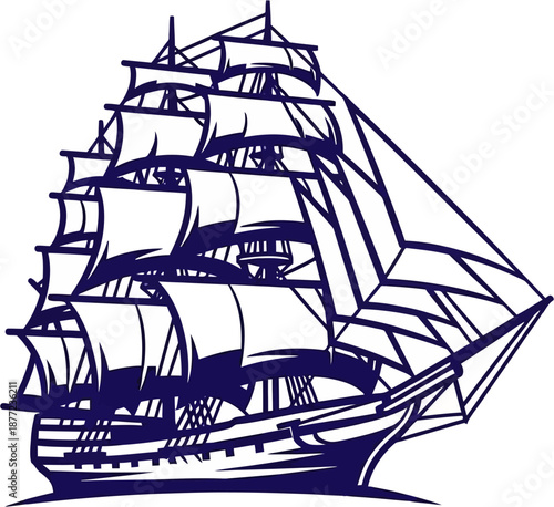 A detailed blue and white illustration of a large, multi-masted sailing ship with full sails, depicting a classic tall ship.