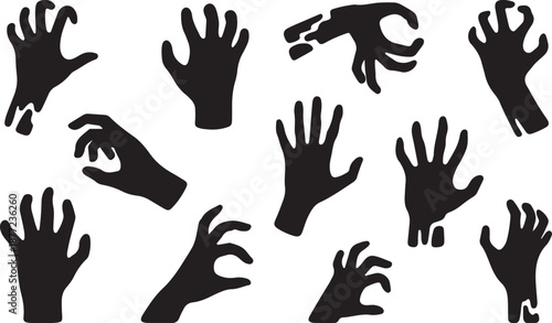 Zombie Hands Silhouettes Set Black Vector Collection Creepy Halloween Horror Elements, black and white silhouette, vector and illustration	