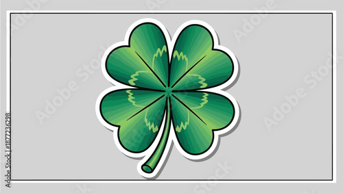 A vibrant green four-leaf clover with a white outline, symbolizing good luck and fortune, set against a simple gray background.