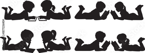 Kids Reading Silhouettes Black Vector Illustration Boy Girl Education Learning Concept, black and white silhouette, vector and illustration	