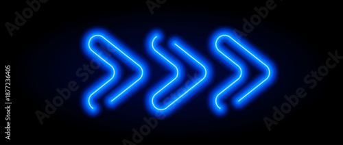 Blue neon arrow element. Glowing led direction sign. Shine tube lamps in arrowhead shape. Bright luminous fluorescent pointer effect for banner, poster, logo. Vector neon led light illustration